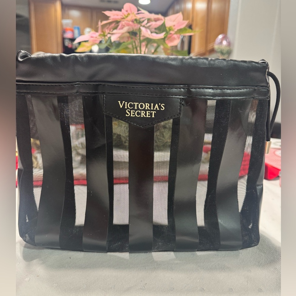 Victoria Secret Black Mesh Legacy Striped Limited Edition Makeup Bag